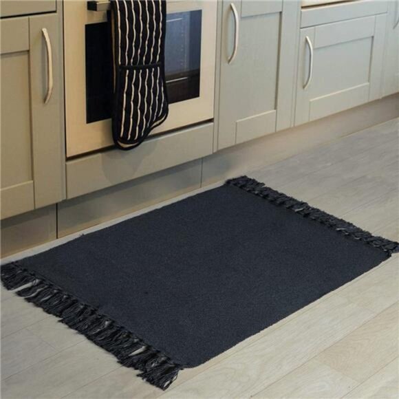 Black Kitchen Rug, Cotton Hand Woven Recycled Throw Rug Runner - Picture 1 of 8